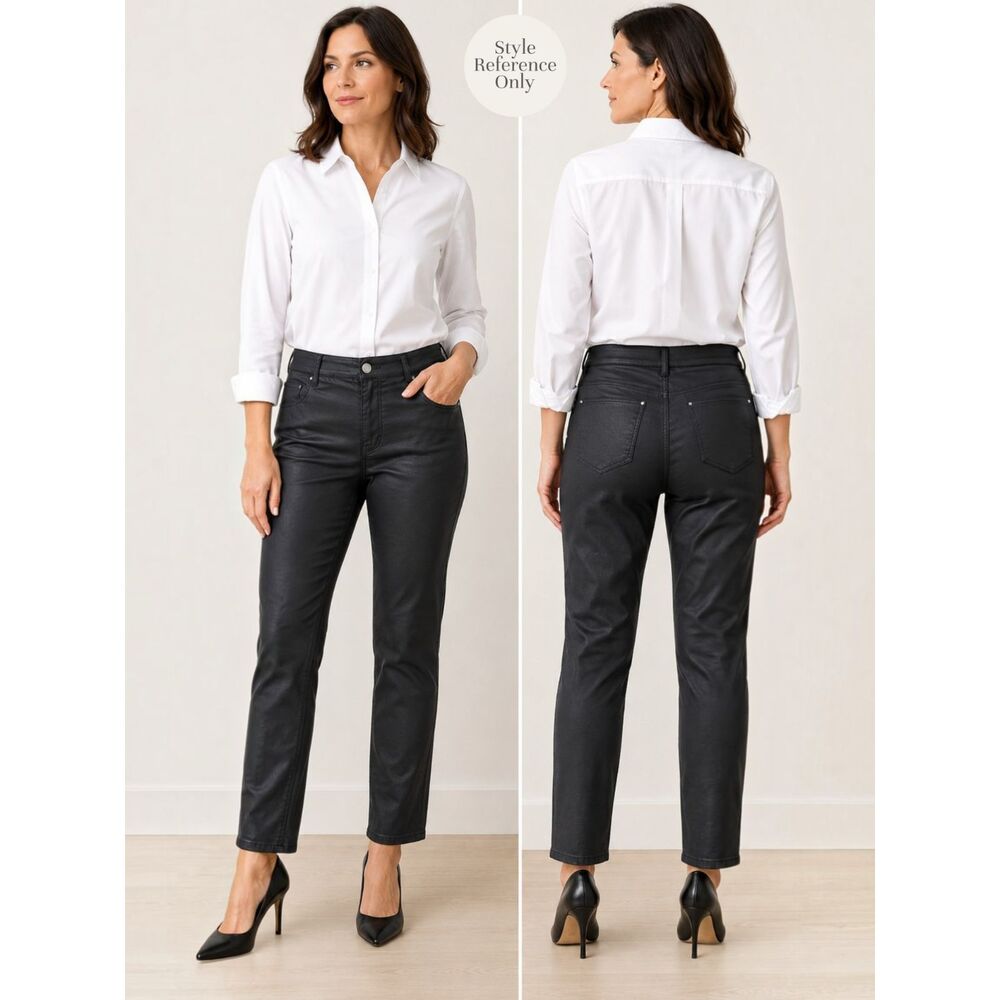 Lafayette 148 Coated Pants Size 14 Black Slim Straight Leather Look Stretch